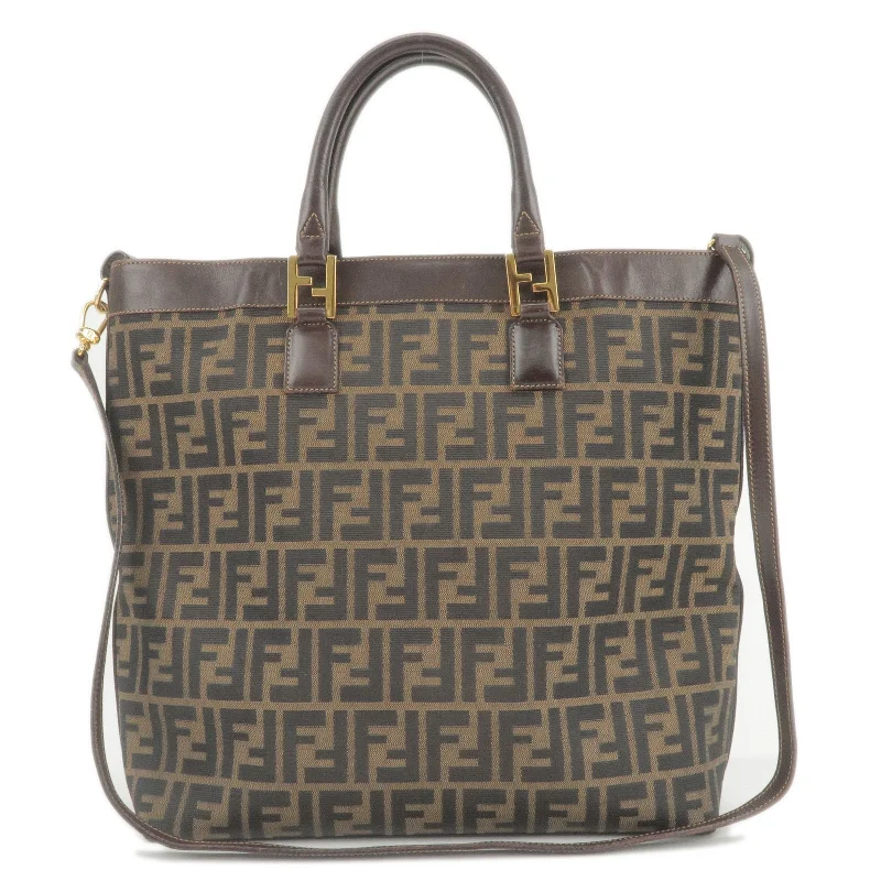 FENDI Zucca Print Canvas Leather Tote Bag Khaki Black Brown 15069