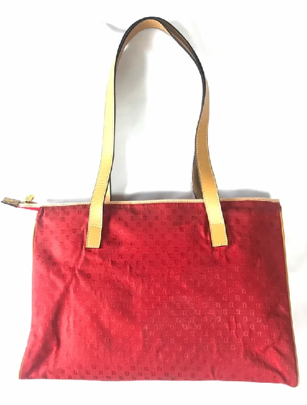 FENDI Vintage red logo jacquard fabric large shopper tote bag with brown leather handles