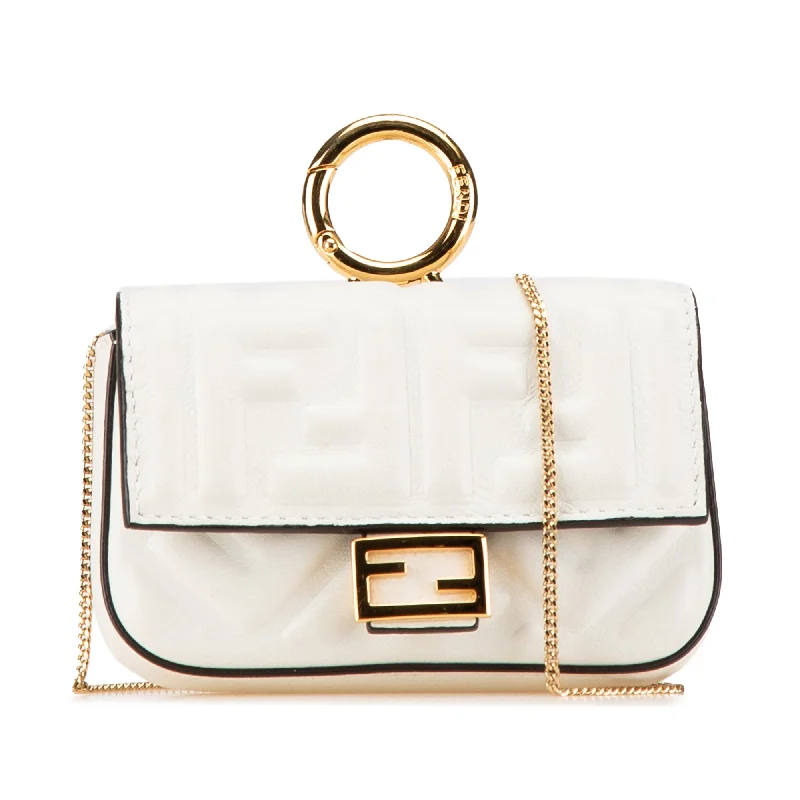 White Fendi Nano Zucca Embossed Baguette Charm Crossbody Bag