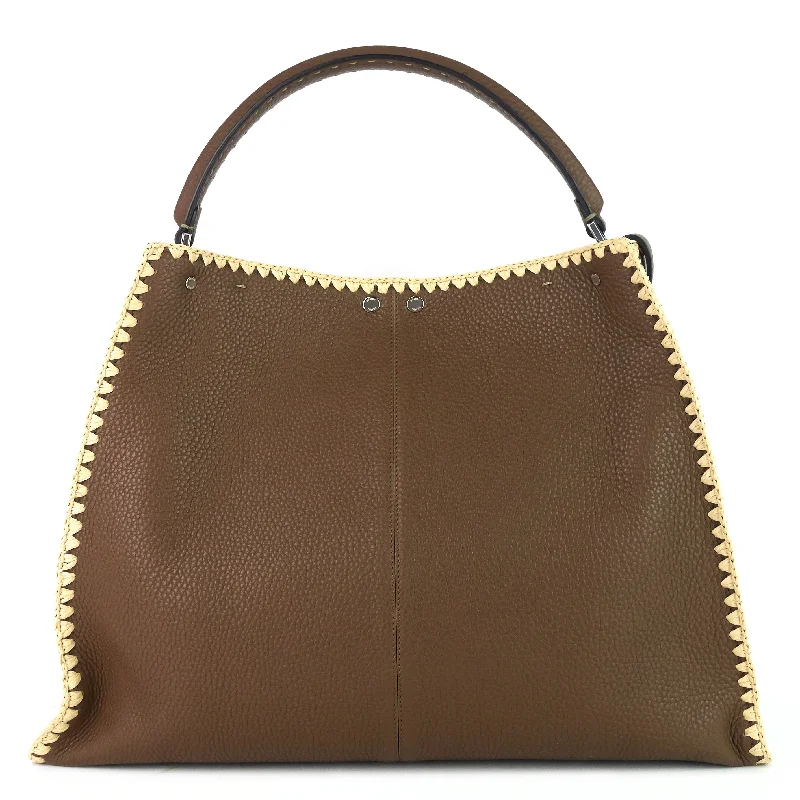 FENDI Peekaboo X-Lite Large Pebbled Calfskin and Raffia Tote Bag