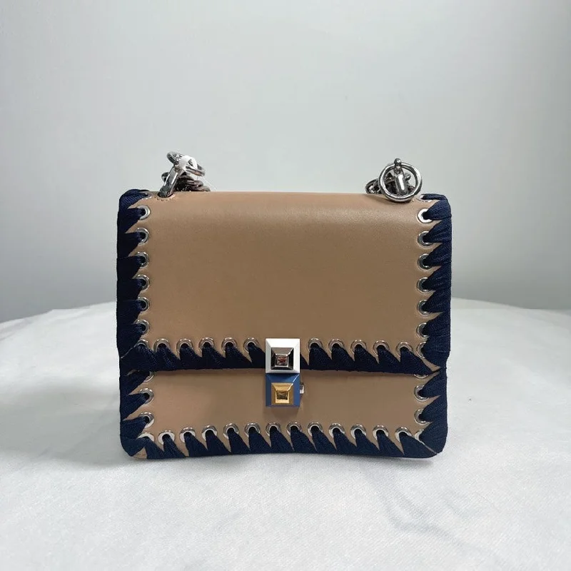 Fendi Dotcom Beige Navy Leather Handbag Medium