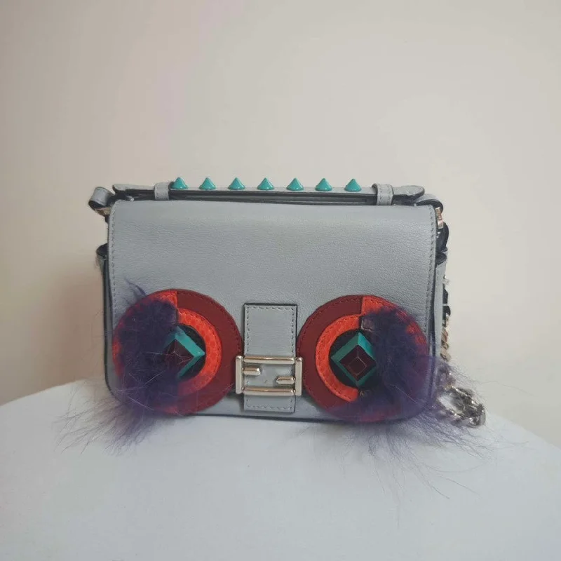 Fendi Micro Double Baguette Gray Leather Multicolor Embellished Small Crossbody Bag