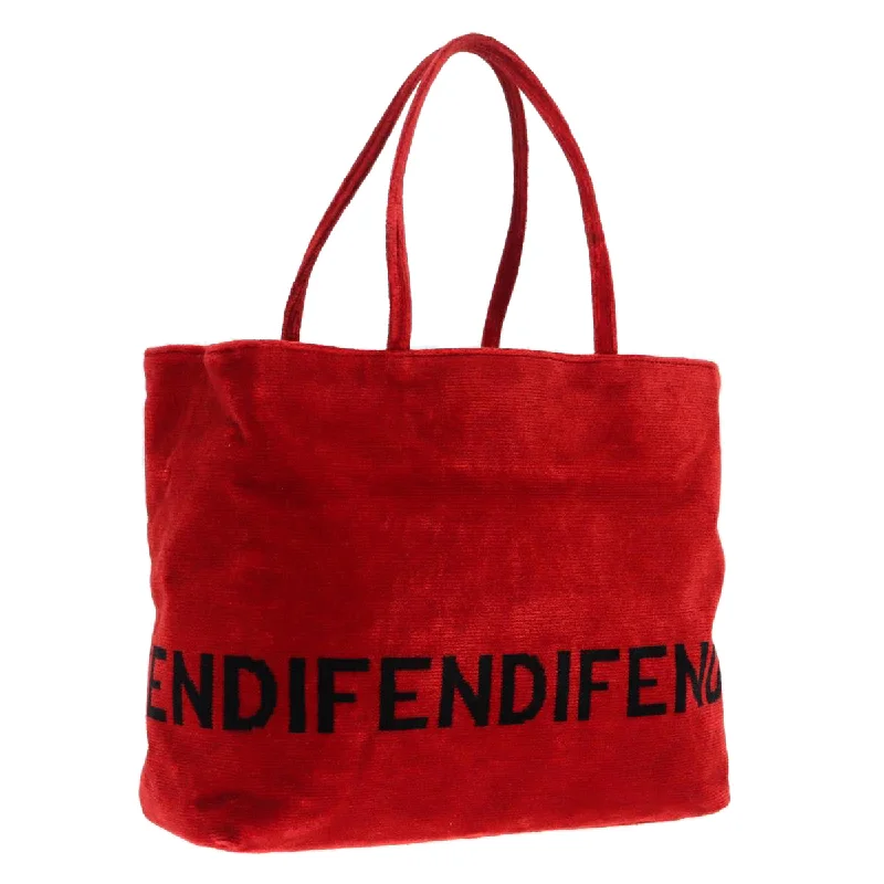 FENDI Tote Bag Corduroy Red Black Silver  90542