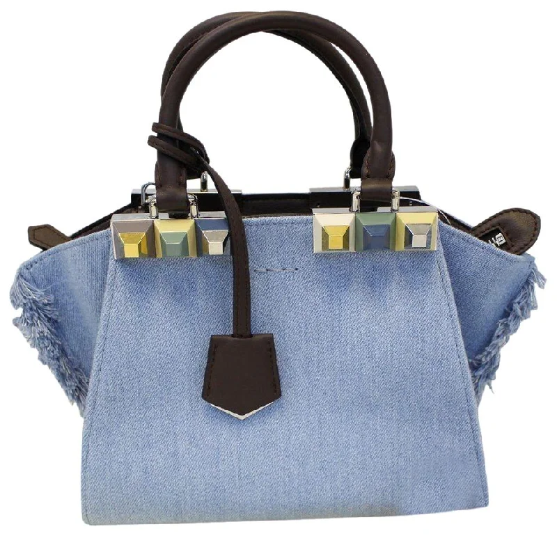 Fendi Crossbody 3 Jour Mini Fringed Studs Tote Blue Denim Shoulder Bag