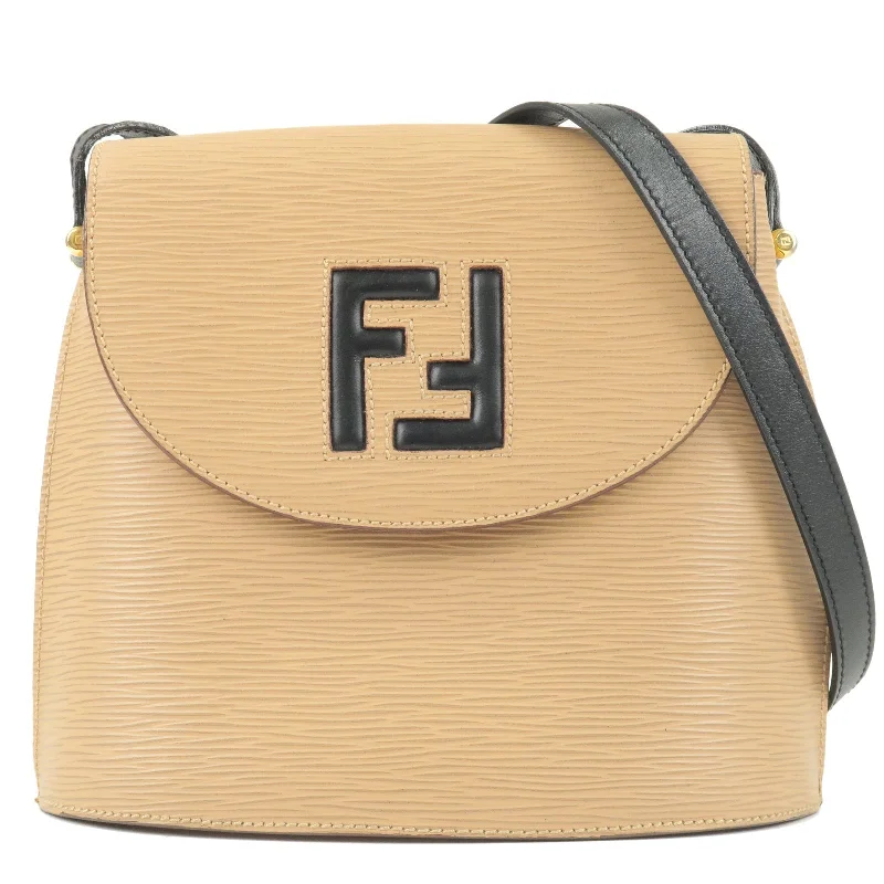 FENDI Logo Leather Shoulder Bag Crossbody Bag Beige Black