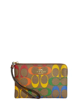 Coach Corner Zip Wristlet In Rainbow Signature Canvas