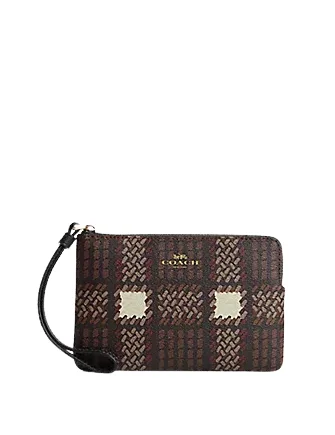 Coach Corner Zip Wristlet With Brushed Plaid Print