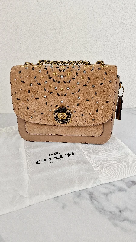 RARE Coach Madison Sample Bag in Tan Leather & Suede with Rivets & Snakeskin Tea Rose Turnlock - Shoulder Bag Crossbody