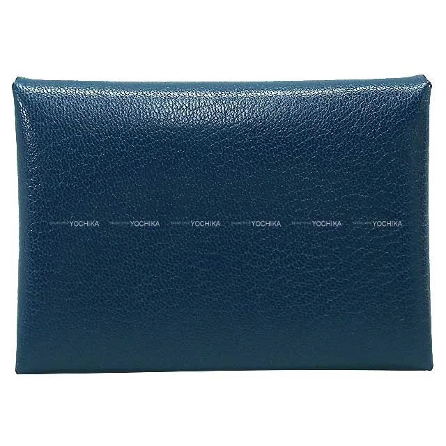 HERMES card holder Calvi Duo Deep Blue Chevre Chamkila Silver HW Stamp U[BRAND NEW][Authentic]