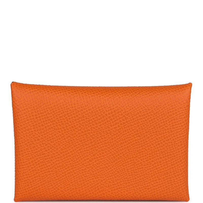 Hermes Calvi Card Holder Orange Epsom Palladium Hardware